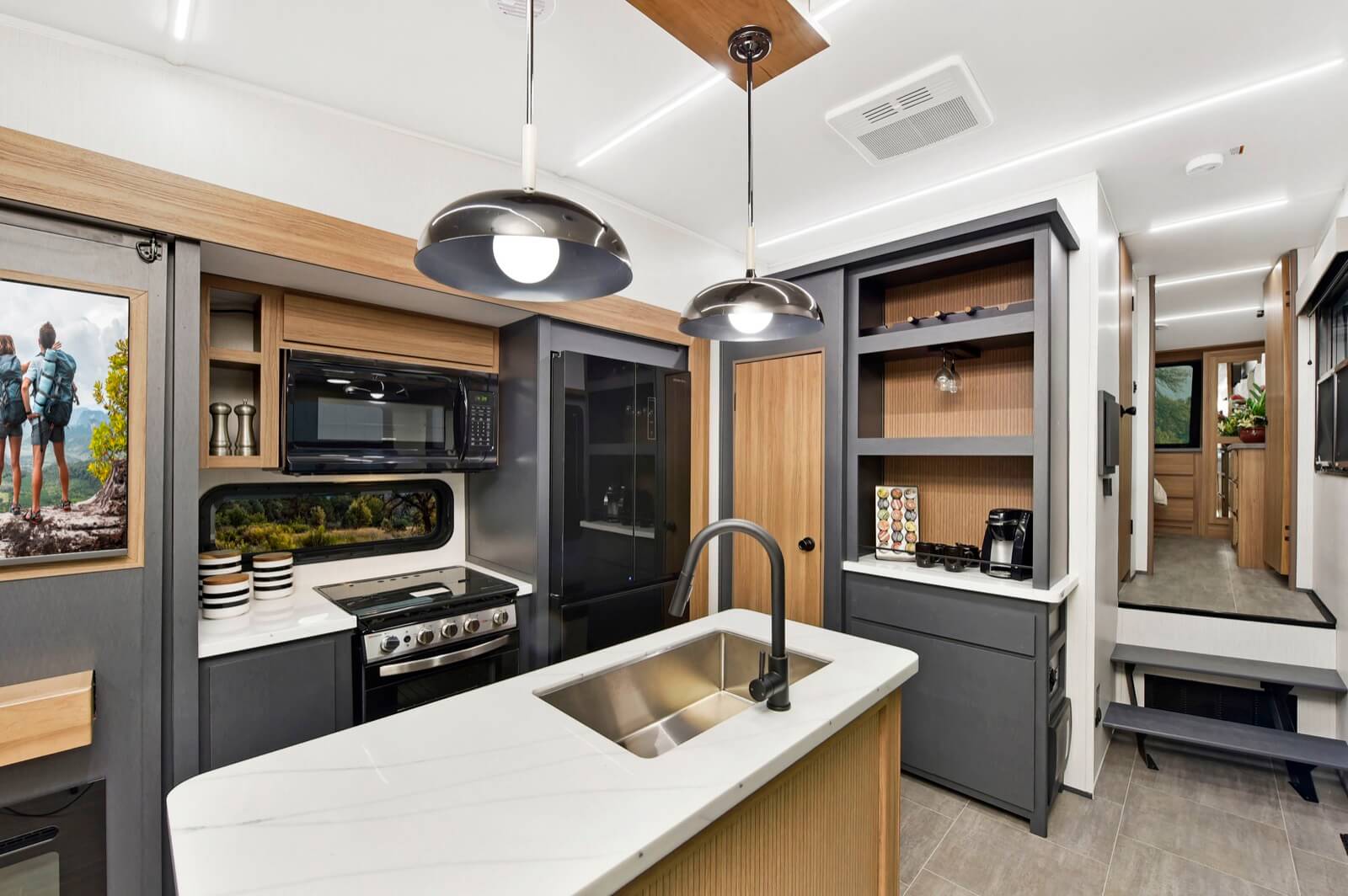 30” residential microwave and shiny black 16 cubic foot residential fridge